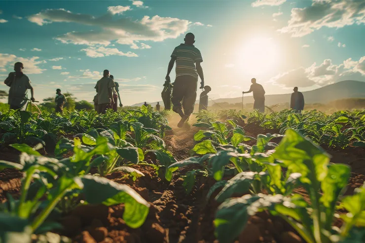 Farmers working in a sunlit field with young green crops