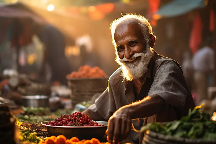 Smiling elderly man with a white beard selling fresh produce at an outdoor market